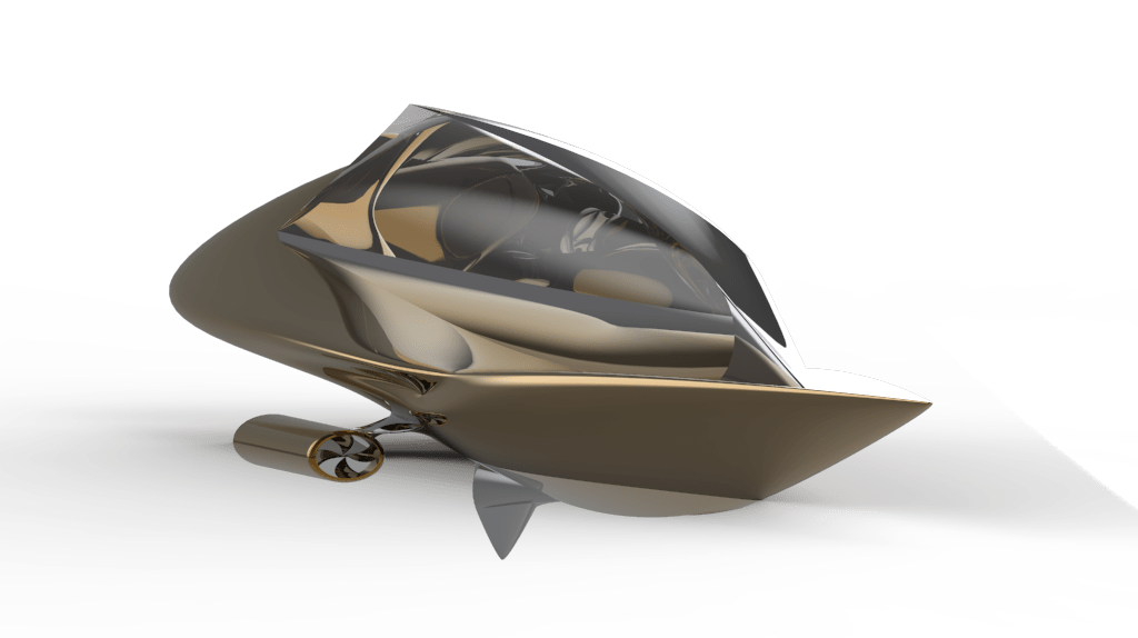 Render of Harir Boat: A visually stunning representation showcasing the innovative luxury boat designed with inspiration from whale aerodynamics for efficient water travel and superior passenger comfort (2021).
