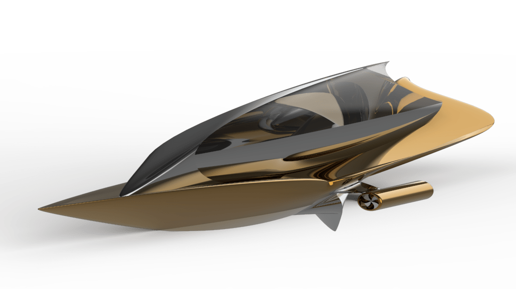 Render of Harir Boat: A visually stunning representation showcasing the innovative luxury boat designed with inspiration from whale aerodynamics for efficient water travel and superior passenger comfort (2021).
