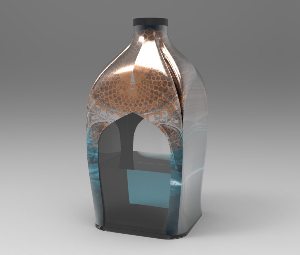 Photo of Nushe Bottle: An image showcasing the distinctive Nushe Bottle, a product designed to establish a local identity for an Iranian beverage with a focus on environmental sustainability.